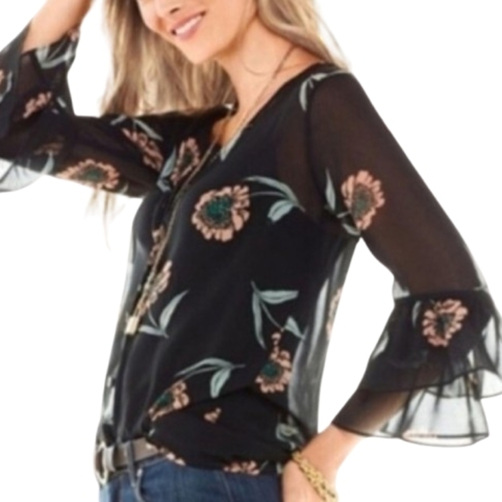 Cabi Sheer Black Floral Button Front Top Tiered Ruffle Sleeves Size S Whimsical